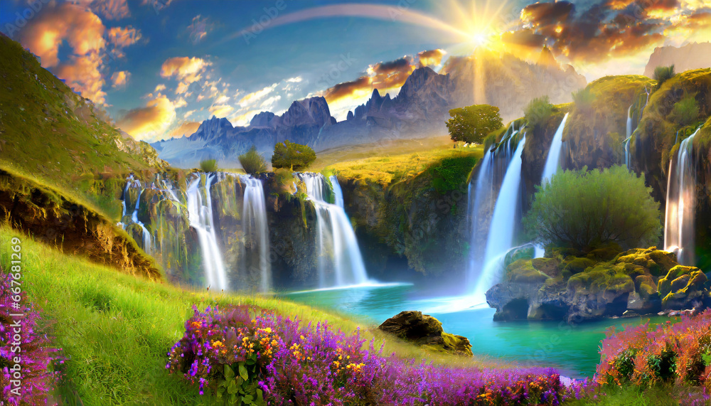 fantasy landscape with waterfalls panorama generative ai