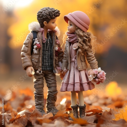 young couple dolls talking in beautiful autumn forest. Generative AI