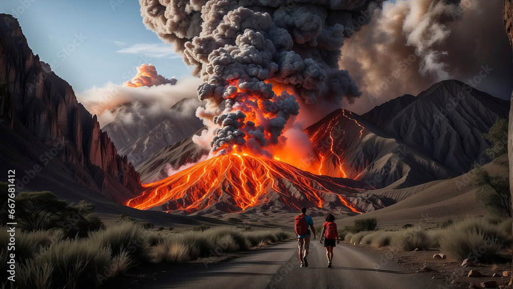 Two tourists watch a volcanic eruption Two tourists watch a volcanic eruption
