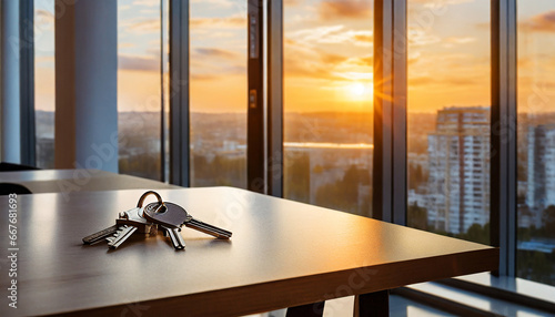 keys on the table in new apartment against the background of sunset and large windows mortgage investment rent real estate property concept photo