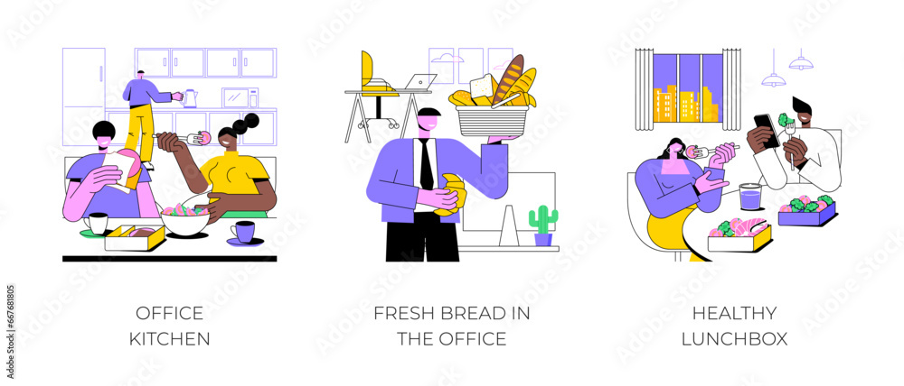 Lunchtime at work isolated cartoon vector illustrations set. Office kitchen, fresh bread in a smart office, healthy lunchbox, modern workplace nutrition, colleagues eating together vector cartoon. Lunchtime at work isolated cartoon vector illustrations set. Office kitchen, fresh bread in a smart office, healthy lunchbox, modern workplace nutrition, colleagues eating together vector cartoon.
