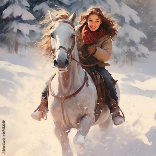 Horse galoping in the snow with a girl photo