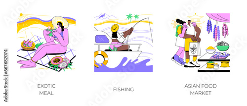 Exotic destination isolated cartoon vector illustrations set. Woman eating tropical fruit on the beach, fishing from a boat during summer holidays, visiting Asian food market vector cartoon.