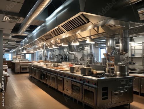 Above cooking stations in a commercial kitchen, hoods and vents in the ceiling are part of the ventilation and exhaust system.