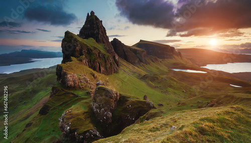 Canvas Print quiraing mountains sunset at isle of skye scottland united kingdom