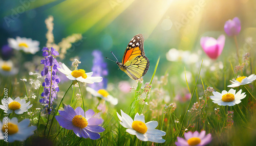 beautiful spring summer background nature with blooming wildflowers wild flowers in grass and two butterflies soaring in nature in rays of sunlight close up spring summer natural landscape