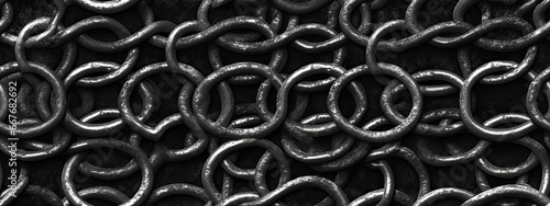 Seamless grungy black chain mail background texture. Tileable steel gray medieval military hauberk metal rings chainmail armor cosplay repeat pattern