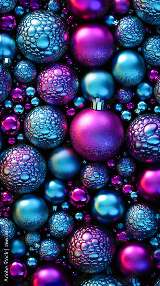Christmas baules with blue and purple metallic gloss and wet texture like droplets of water. Christmas baules with blue and purple metallic gloss and wet texture like droplets of water.