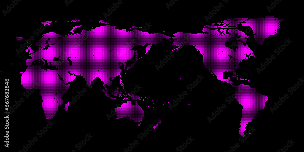 紫色　モザイク柄　世界地図　Wold Map デジタルイメージ　背景黒