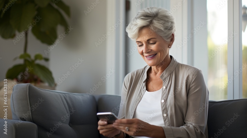 A happy retired woman holding smartphone using mobile phone application Contact and talk with your children. Technology, communication and people concepts: a happy senior woman with smartphone at home A happy retired woman holding smartphone using mobile phone application Contact and talk with your children. Technology, communication and people concepts: a happy senior woman with smartphone at home