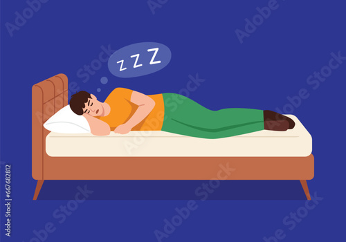 the boy sleeps sweetly on his bed and snores