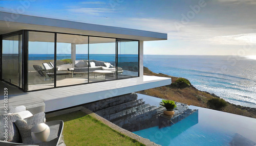 a modern coastal home with a minimalist design on a cliff overlooking the sea outdoor lounge and expansive terraces for enjoying the coastal vistas ideal for background image © Art_me2541