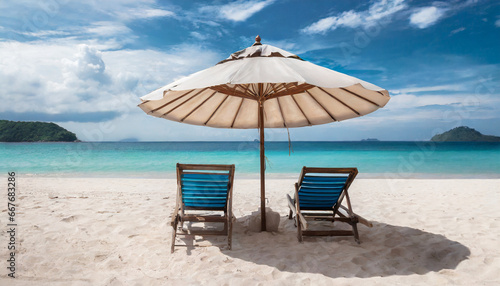 beach chairs with umbrella and beautiful sand beach tropical beach with white sand and turquoise water travel summer holiday background concept