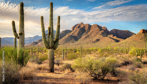 a large saguaro cactus dominates this arid sonoran desert landscape