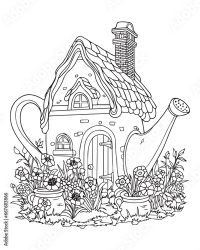 A fairy house inside a teapot. Coloring