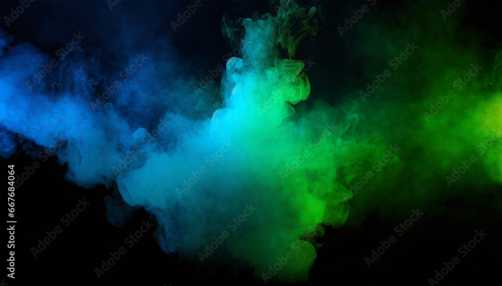 Fototapeta premium abstract backdrop cloud of green and blue smoke on a black isolated background soft mystery horror design spooky background texture concept
