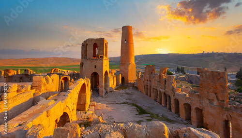 ruins of the ancient city of harran urfa turkey mesopotamia at amazing sunset old astronomy tower