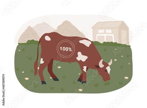 Grass fed beef isolated concept vector illustration. Grass-finished beef, finest nutrient-rich meat diet, eco farming, saturated fats, antioxidants, rotational grazing vector concept.