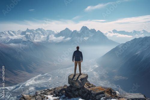 View from the top of the world, person standing and looking at majestic landscape photo