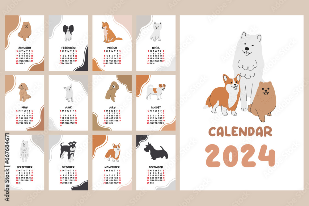 Dog vector vertical calendar 2024. Collection of cute baby dogs cartoon hand drawn style. Week starts on Sunday. - obrazy, fototapety, plakaty 