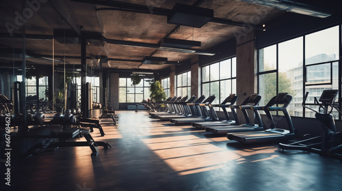 Well equipped gym centered around fitness, natural sunlight © standret