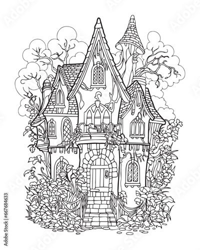 Magic house. Coloring page. Fairy building