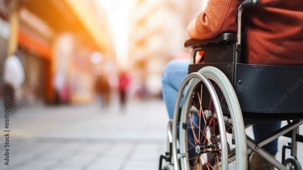 Close up view of woman in wheelchair on the street