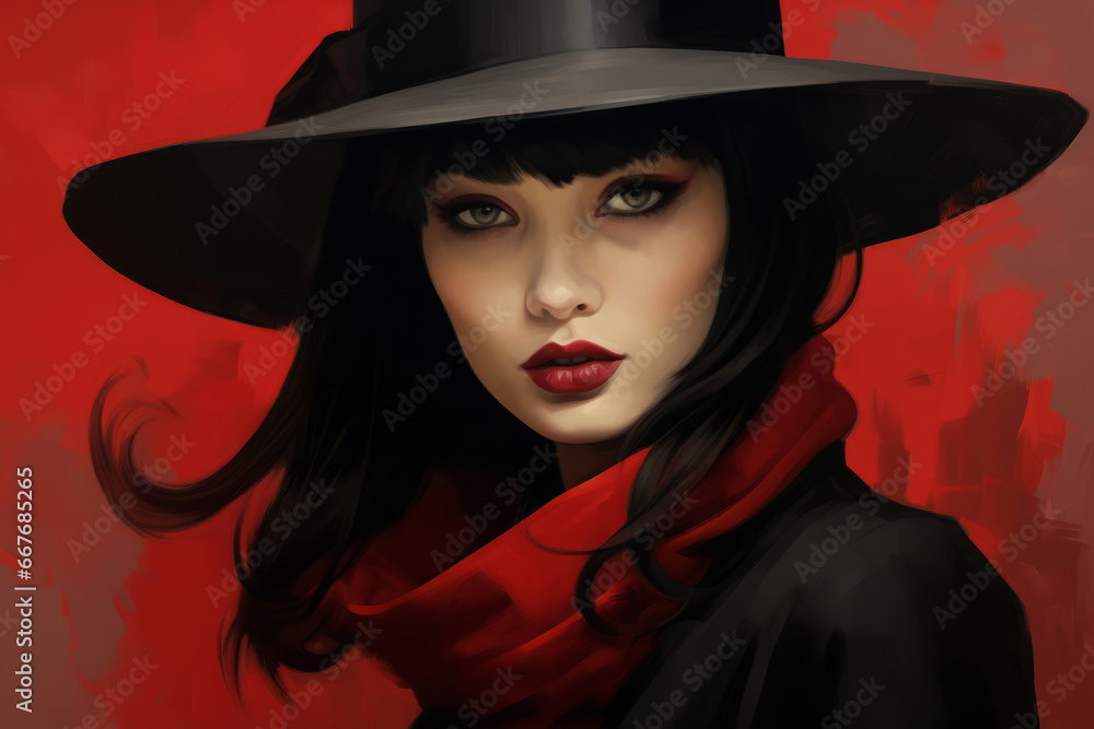 Woman with red hat and black hair