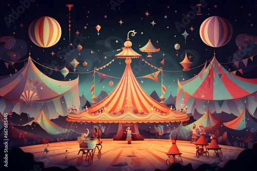 a crowd of people standing around a circus tent