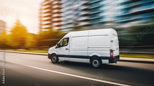 Canvas Print Super fast delivery of package service with a fast moving van on cityscape