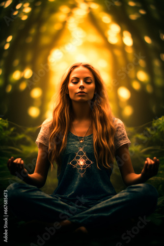 A woman in the lotus position in the forest does yoga and mindfulness exercises until she reaches nirvana. Generative AI,