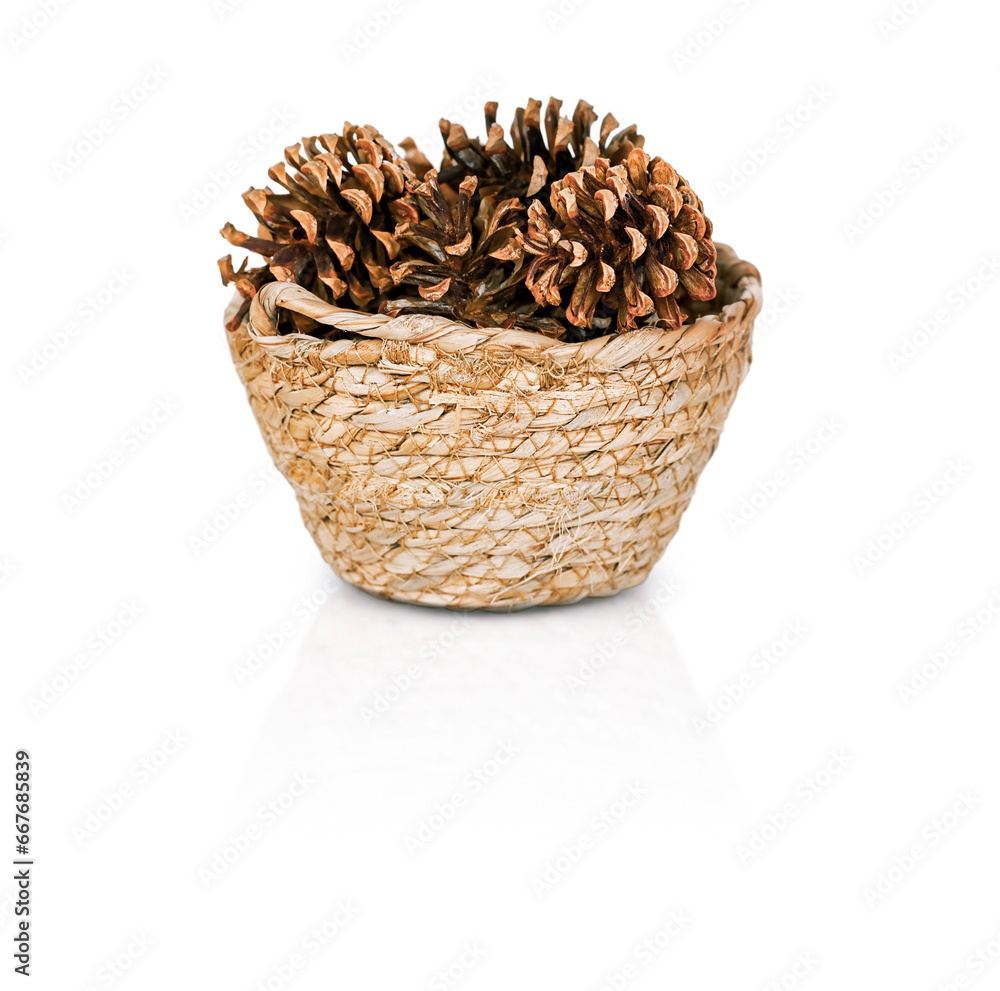 Pine cones inside a wicker basket on white background