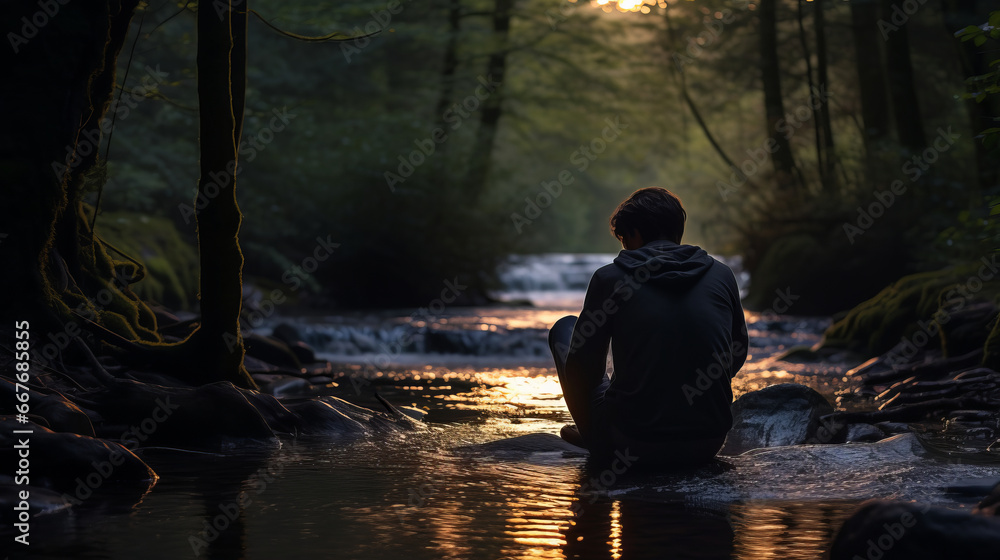 Young man is sitting by the stream at dusk in the forest Young man is sitting by the stream at dusk in the forest