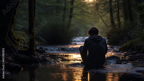 Young man is sitting by the stream at dusk in the forest