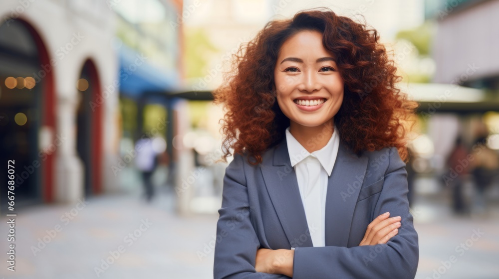 Smiling Adult Chinese Woman with Red Curly Hair Photo. Portrait of Business Person on City Background. Photorealistic Ai Generated Horizontal Illustration. Smiling Adult Chinese Woman with Red Curly Hair Photo. Portrait of Business Person on City Background. Photorealistic Ai Generated Horizontal Illustration.