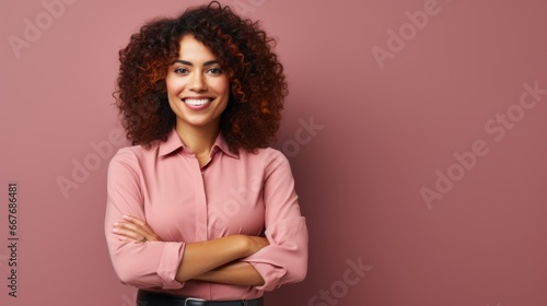 Smiling Adult Indian Woman with Red Curly Hair Photo. Portrait of Business Person on Solid Background. Photorealistic Ai Generated Horizontal Illustration.