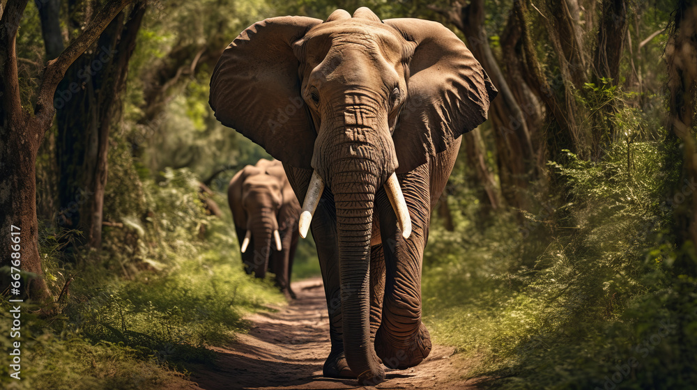 Fototapeta premium Adult African elephants walking along path through the forest