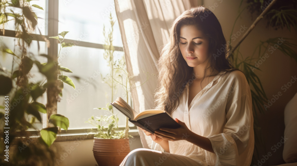 Adult woman is reading a book at home