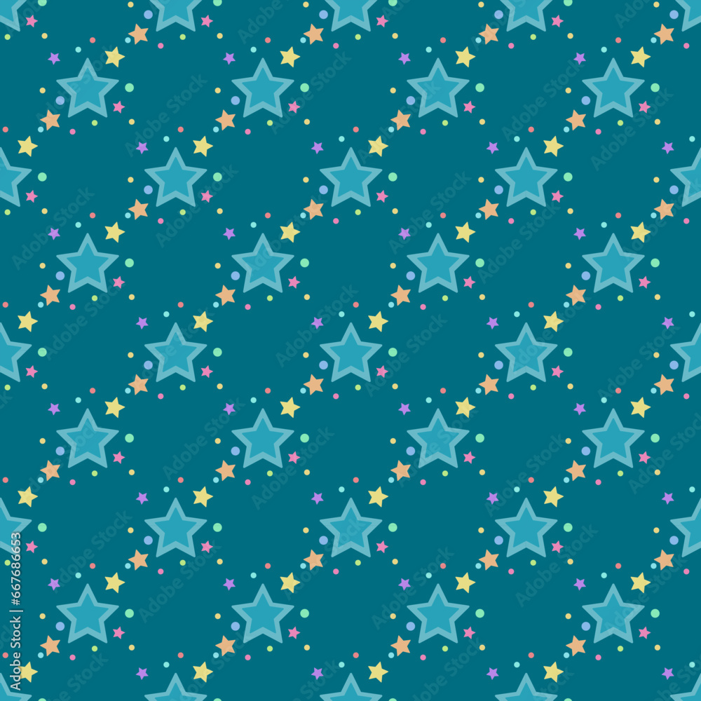 In this seamless pattern, create a geometric shape of a large green star surrounded by smaller stars and colorful circles, on dark green background. Looks beautiful and bright. In this seamless pattern, create a geometric shape of a large green star surrounded by smaller stars and colorful circles, on dark green background. Looks beautiful and bright.