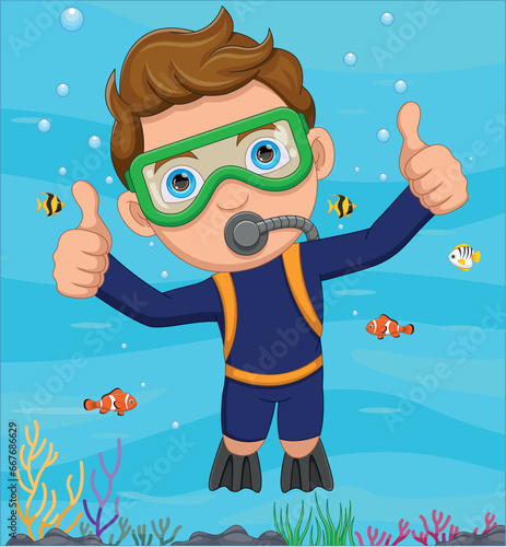 Scuba Diver boy Swimming Cartoon