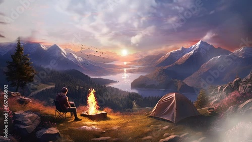 beautiful landscape camping in the mountains background. seamless looping time-lapse virtual 4k video animation background. photo