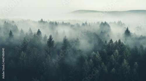 Aerial view of a foggy forest photo