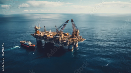 Aerial view of offshore oil and gas rig platform in the sea