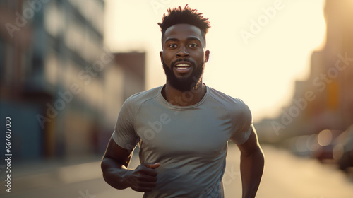 African American man is running outdoors on the street at morning time