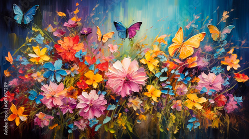 Oil painting flowers and butterflies. Generative AI,