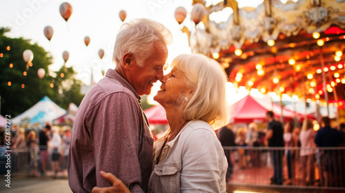 happy gray-haired elderly retired couple laughs  smiles in an amusement park during a festival. Generative AI 