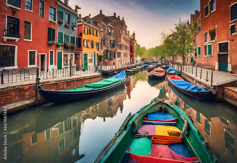 A picturesque scene of colourful canal boats in a serene waterway. - obrazy, fototapety, plakaty 