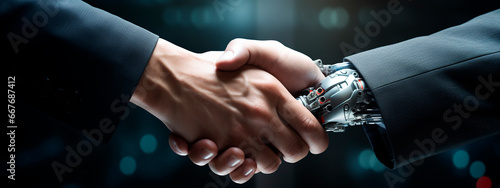 Robot and man shake hands. Generative AI,