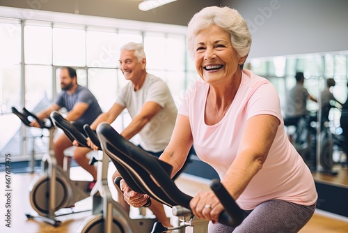 Active graceful Senior Women and Friends Practicing cycling exercise class for muscle health, workout, and training with the retirement community, exercise, and happy elderly friends group.