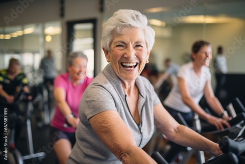 Active graceful Senior Women and Friends Practicing cycling exercise class for muscle health, workout, and training with the retirement community, exercise, and happy elderly friends group.